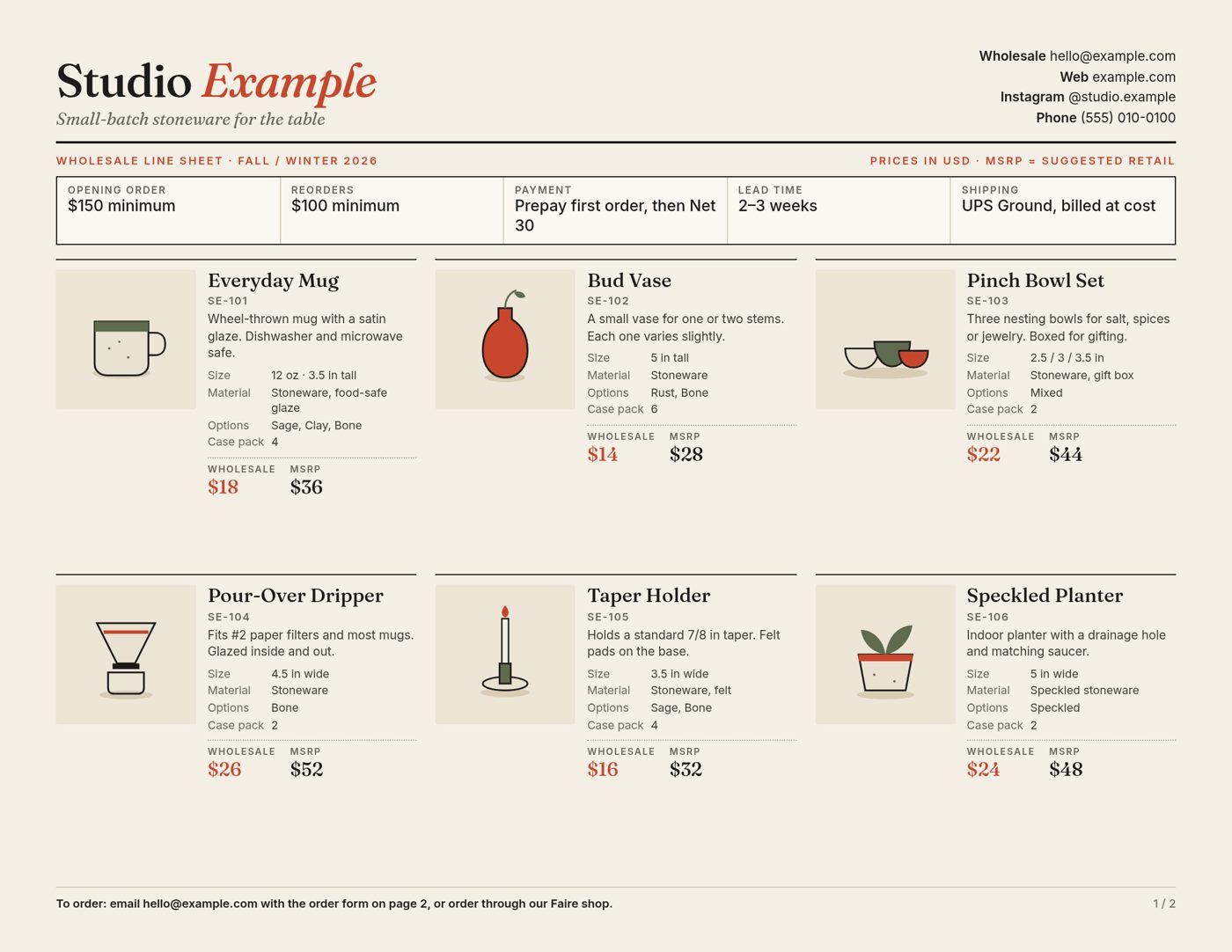 Filled example line sheet: six ceramic products with photos, SKUs, sizes, materials, case packs, wholesale prices and MSRP, under a terms bar with opening order minimum, payment terms, lead time and shipping.